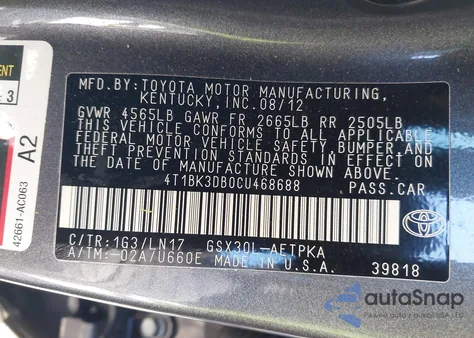 2012 Toyota Avalon Limited из США, поврежденный, VIN 4T1BK3DB0CU468688